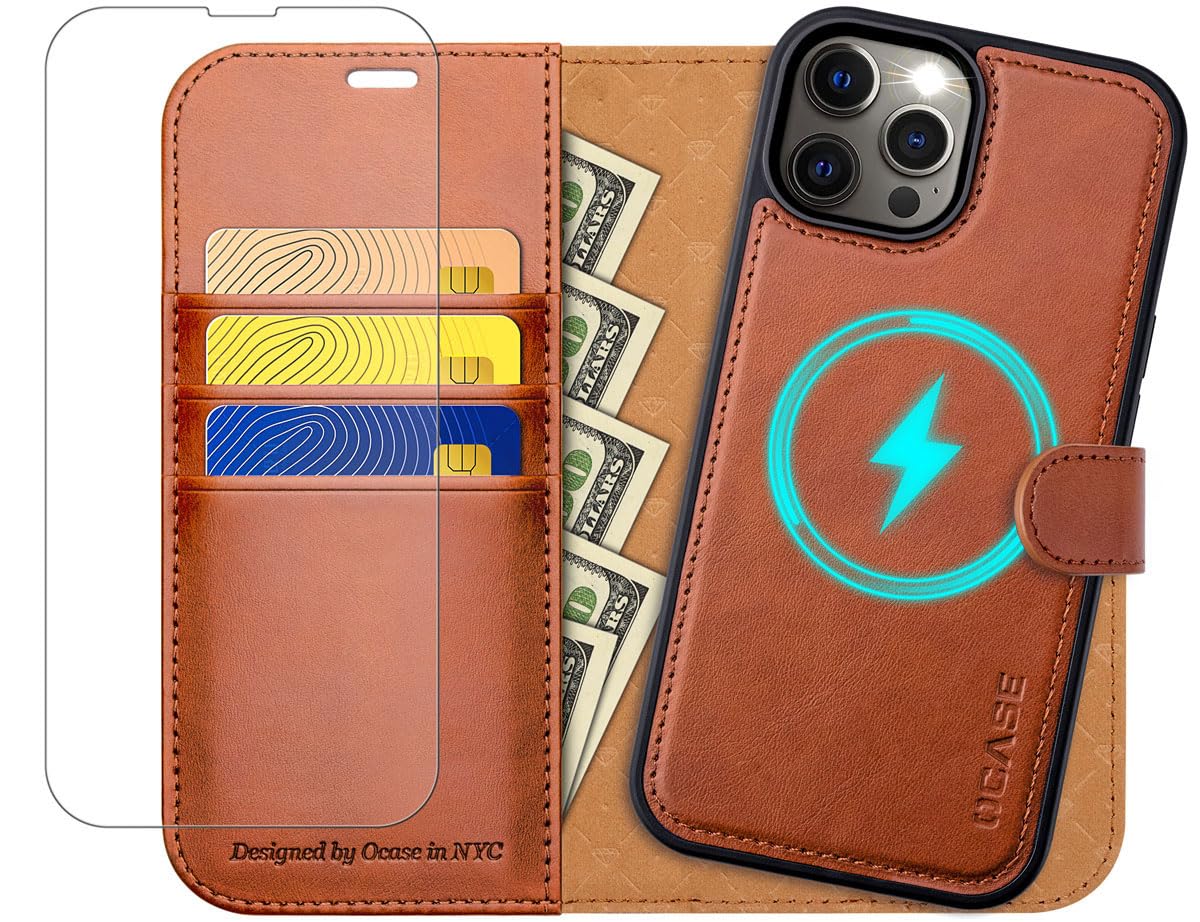 OCASE for iPhone 12 Pro Max Case, Magnetic Detachable 2-in-1 PU Leather Wallet Case with[RFID Blocking][Wireless Charging][Card Holders][Kickstand] Removable Protective Phone Cover, Brown