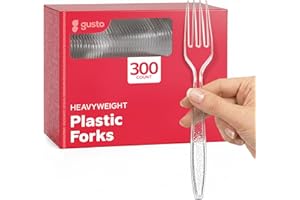 GUSTO [300 Pack] Heavyweight Clear Forks with Engraved Design - Disposable Sturdy Cutlery Set for Parties, Weddings, and Even