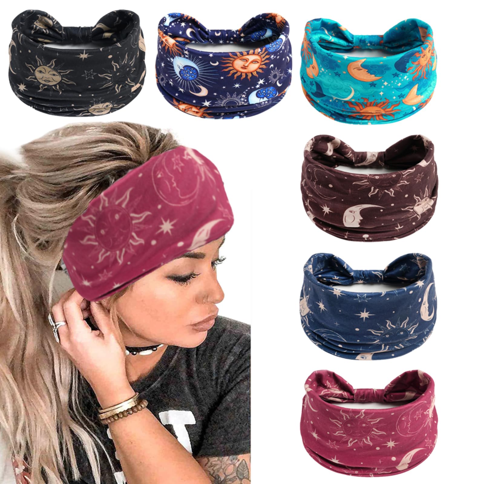AIZIYIN Fashion Headbands for Women's Hair Head Scarfs Hairband Turban Flower Cotton Headbands Wide Yoga Sport Headband Head Wrap (P6WSunMoon)