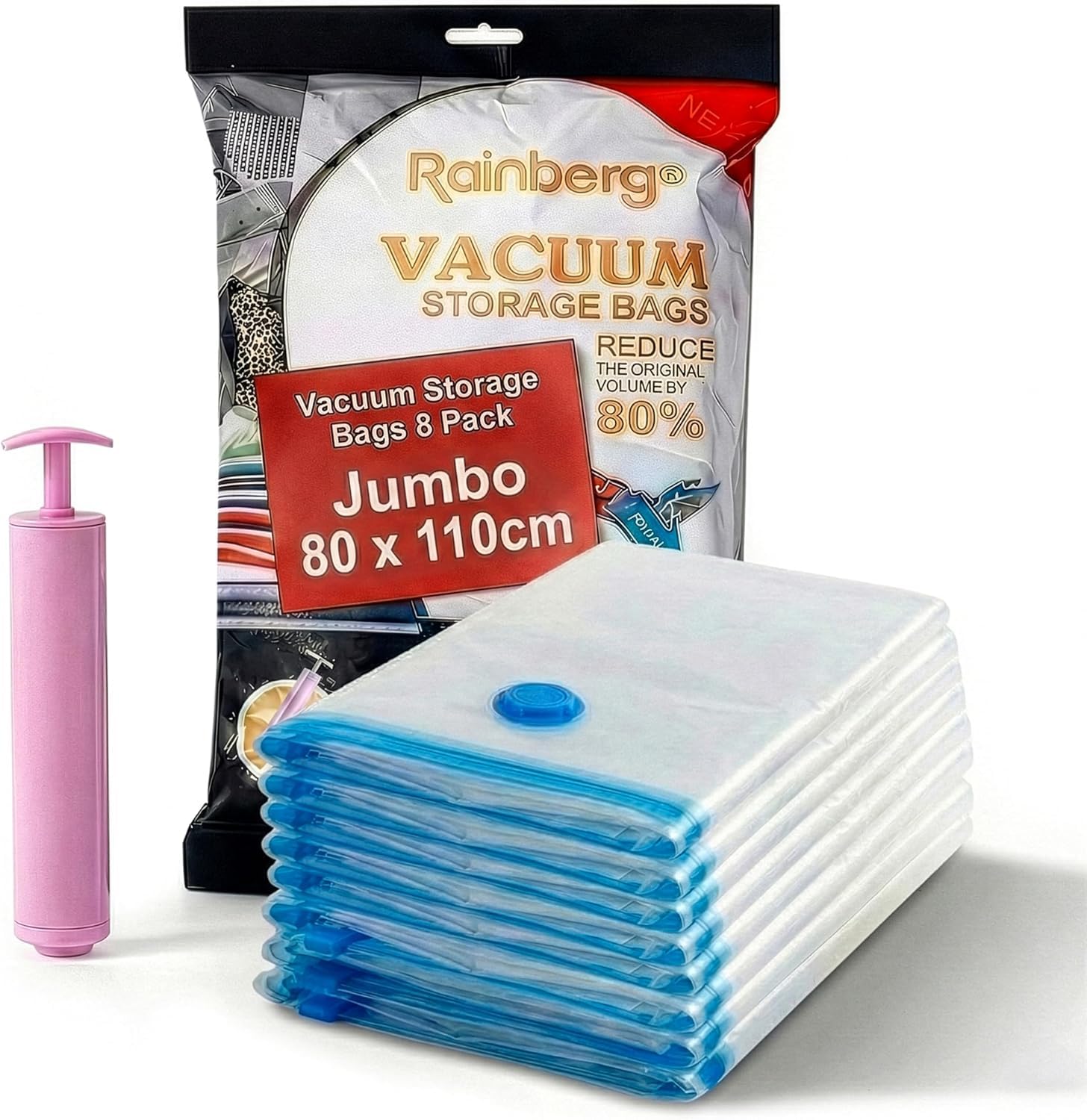 Rainberg 8 Pack Jumbo Vacuum Storage Bags, Home and Travel Vacuum Bags with Pump featuring Double Zip Seal & Triple Seal Turbo-Valve for Maximum Space Saving, Up to 80% More Space (80 x 110cm)