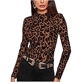 Floerns Women's Long Sleeve Mock Neck Slim Snakeskin T-Shirt Tops