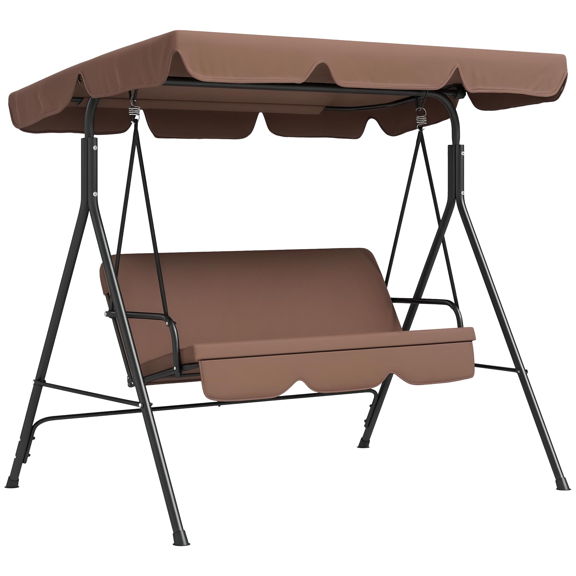 Outsunny 3 Seater Swing Chair with Adjustable Canopy, Garden Swing Seat with Steel Frame, Padded Seat, Brown