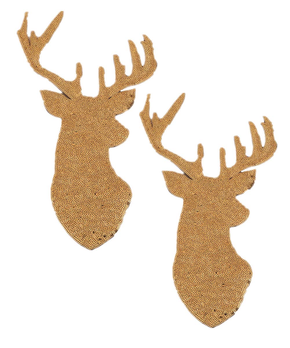 2 Pack Jumbo Christmas Deer Head Iron on Patches Sew on Embroidered Patch Sequin Appliques for DIY Motif Family Xmas Tops Home Decor (Gold)