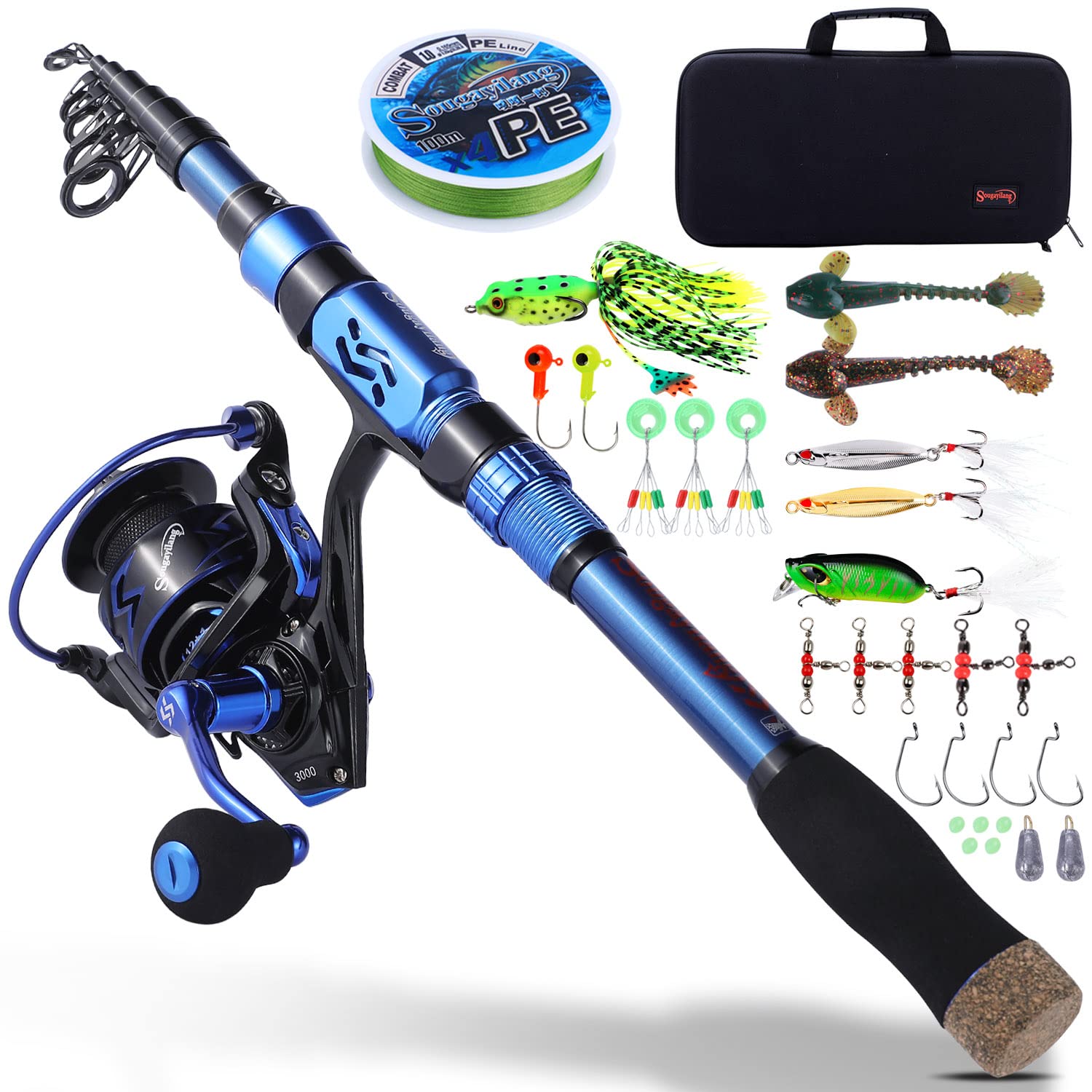 Sougayilang Combos Carbon Fiber Telescopic Fishing Rod 12+1 BB Spinning Reel with Carry Case for Saltwater and Freshwater - 2.1B