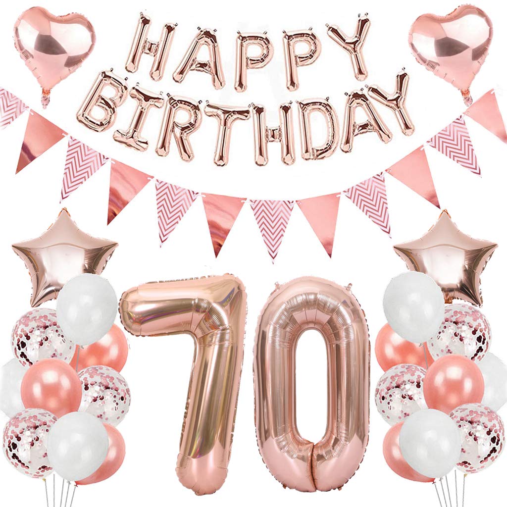 Ouceanwin 70th Birthday Decoration Balloons Rose Gold, Giant Foil Balloons Number 70, Banner Happy Birthday Garland, 70 Years Old Birthday Decoration Supplies for Women Female Anniversary
