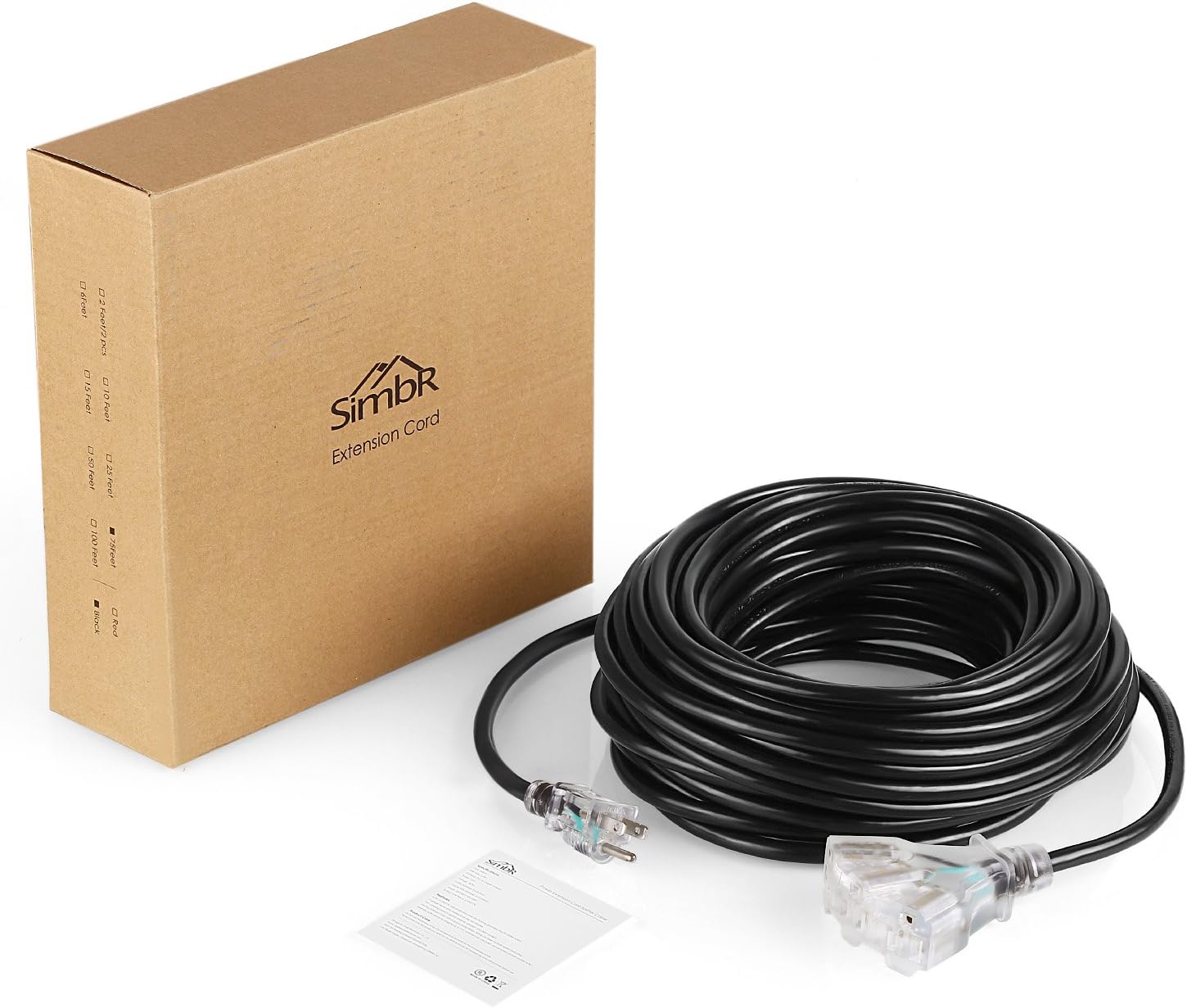 SIMBR 100 FT Extension Cord Outdoor/Indoor, Heavy Duty 14/3 Electrical Cord with 3 Lighted Outlets, 14 Gauge, 3 Prong, 15 Amps, UL Listed, SJTW, Black - - 
