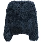 Annsirgra Women's Genuine Mongolia Sheep Fur Coat Fluffy Sheep Fur Jacket Turn-down Collar Long Sleeve