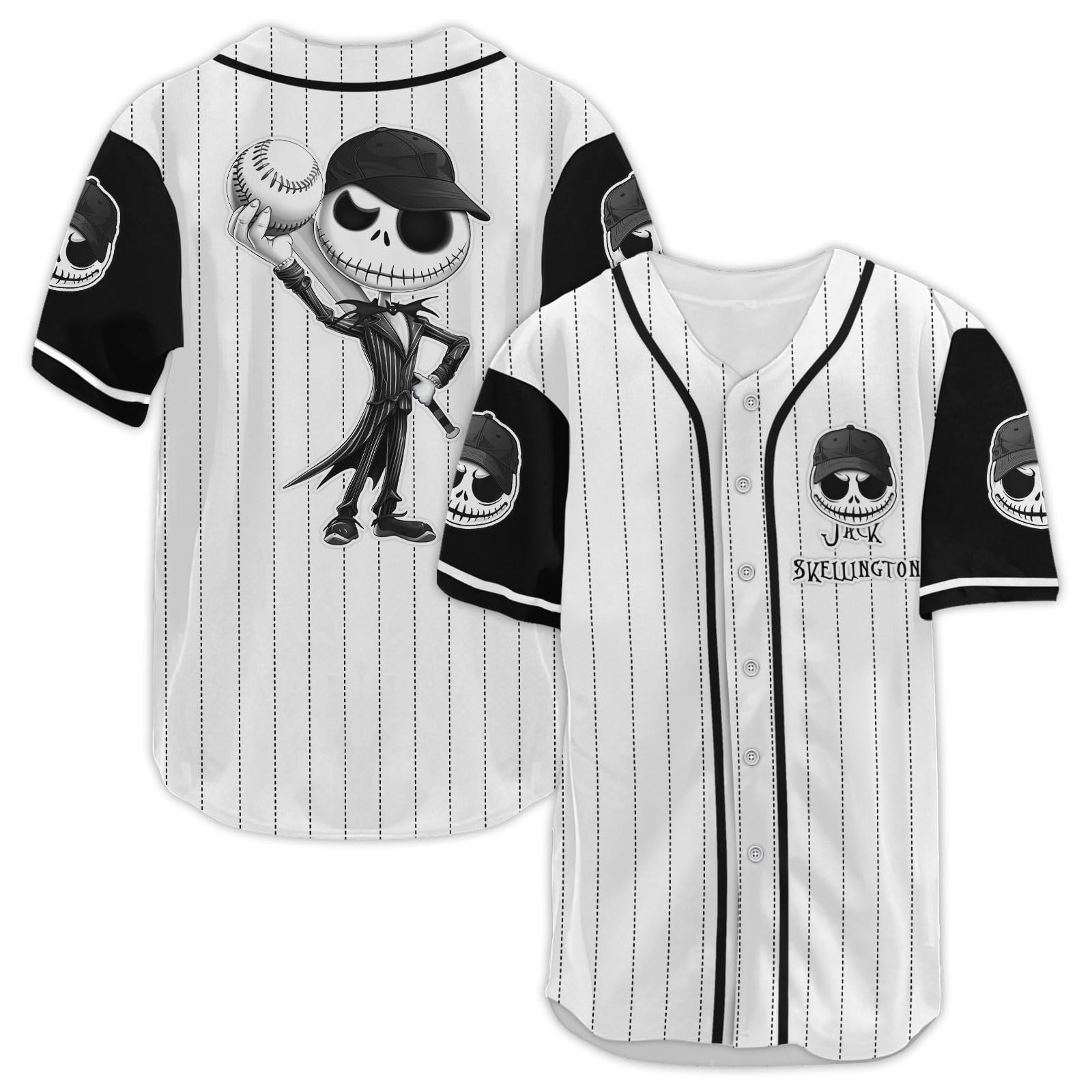 Photo 1 of Jack Baseball Jersey, Nightmare Before Movie Character Jersey Button Down Shirt, Birthday Gifts for Halloween Lovers White Stripes