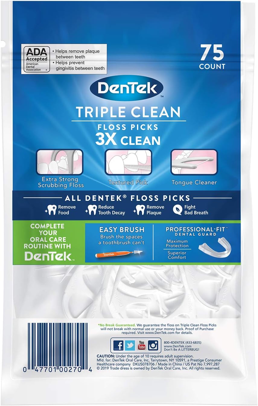 DenTek Triple Clean Advanced Clean Floss Picks, No Break & No Shred Floss, 75 Count, 3 Pack, Blue Green, 75 count (Pack of 3) - Image 3