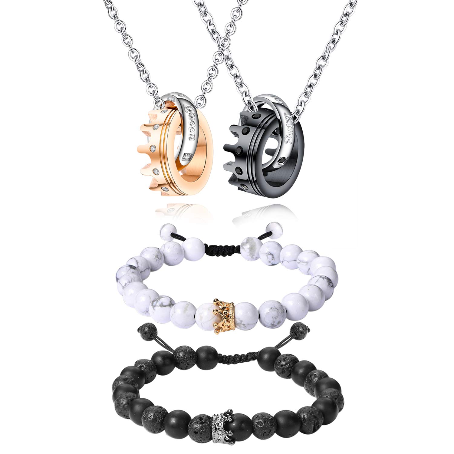 Cupimatch 2 Pairs Couple Matching Necklace Bracelets Set Stainless Steel Adjustable King CZ Crown Ring Pendant Chain Necklace