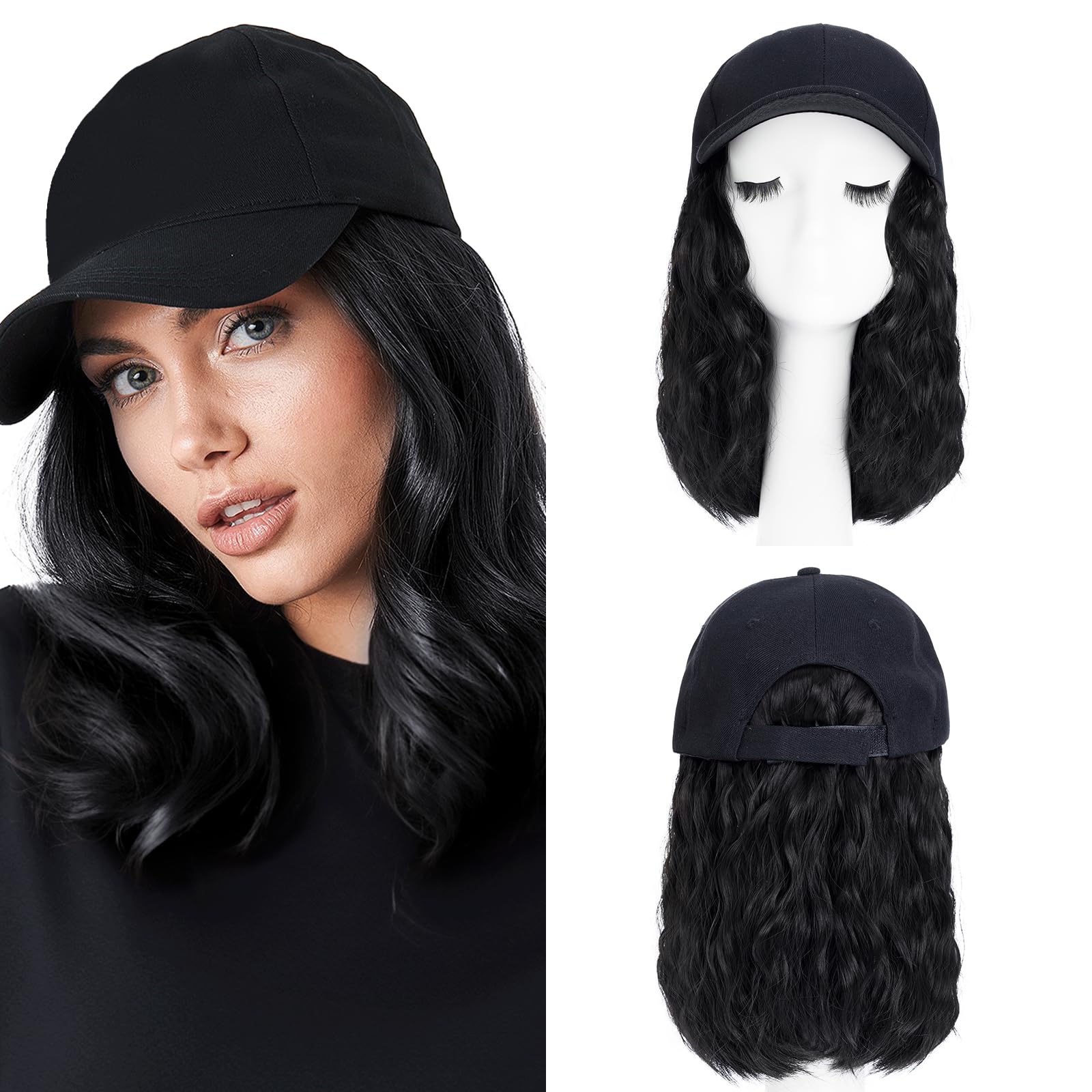 8 Inch Baseball Cap With Hair Extensions BOB Synthetic Hair With Attached Black Hat With One Piece Hair Extensions For Women - Natural Black — image 1
