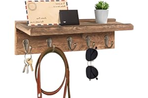 ZUXEFO Key and Mail Holder Wall Mounted (5 Hooks, Small), Wooden Wall Hanging Key Holder with Shelf, Rustic Entryway Rack Organizer for Key Mail Dog Leash Bag Coat - by YHYZ