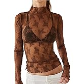 COOUFE Women's Long Sleeve Mesh Tops See Through Sheer Tee Shirts Mock Neck Floral Embroidery Tops for Layering
