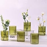Glass Ribbed Cylinder Vase Set of 6, Bud Vase for Wedding Centerpieces, Green Flower Vases Bulk, Hurricane Floating Candle Holder, Decorative Flower Vase for Table Housewarming Gifts (Green)
