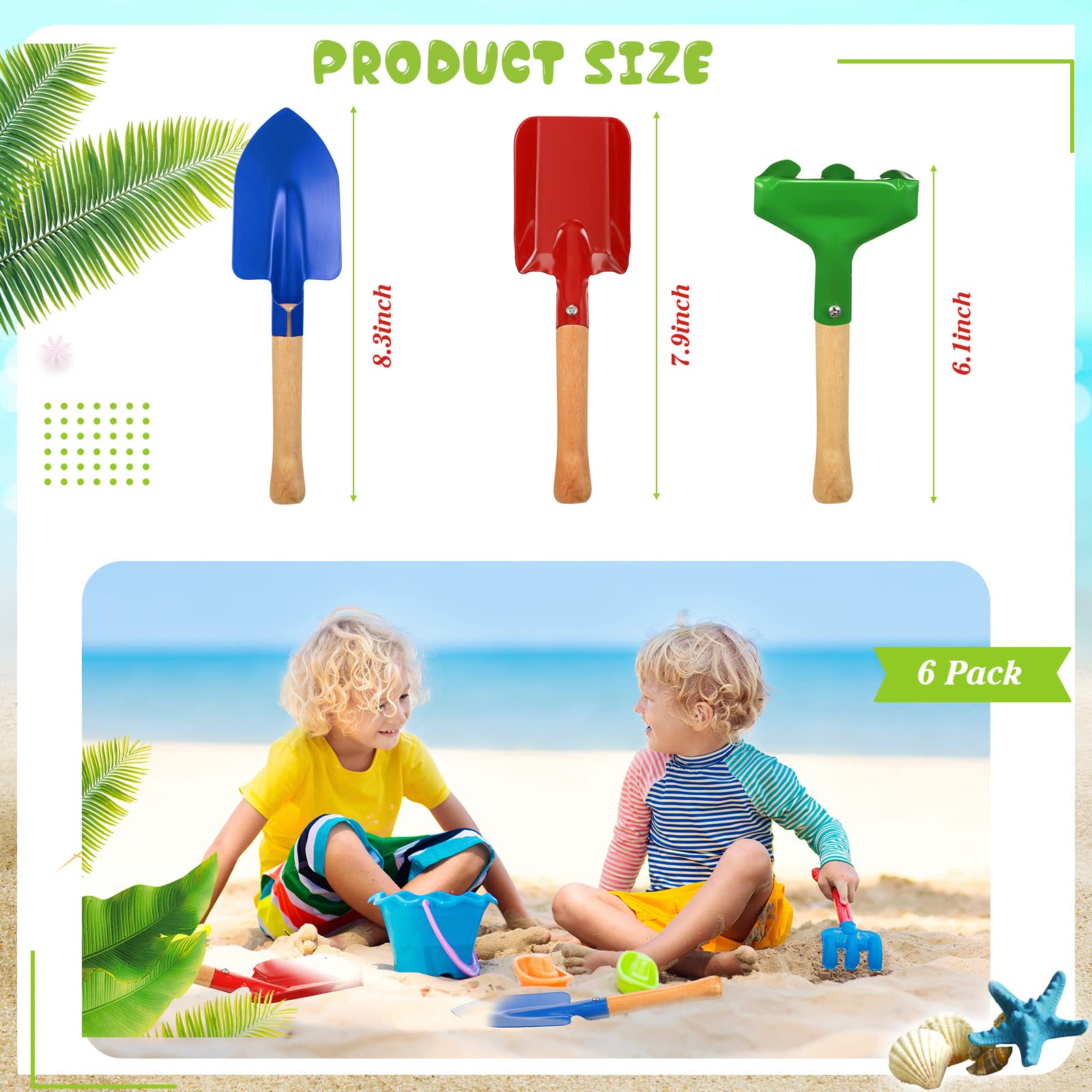 Tarpop 18 Pcs Kids Gardening Tools Set, Metal Kids Yard Tools with Sturdy Wooden Handle Safe Children Beach Sandbox Toy Sand Play Kit for Flower Soil Planting Loosening Digging, Trowel, Rake, Shovel