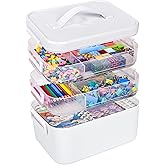 MERATIA 3-Tier Art Supply Storage Container, Stackable Craft Organizer Box with Dividers, Clear Plastic Storage Case for Markers, Toys, Coloring Books (Three-Layer)