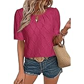 Women Eyelet Short Sleeve Tops Shirts Dressy Hollow Out Crochet Embroidered Blouses 2025 Fashion