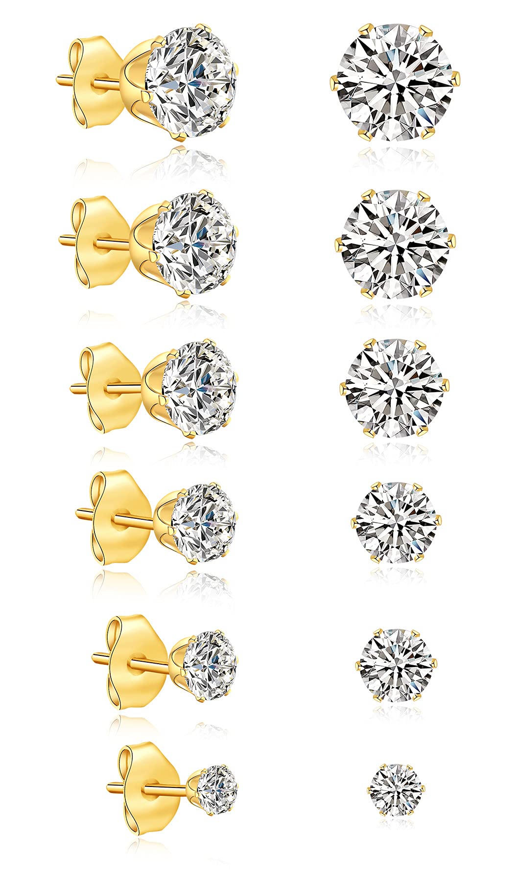 Stainless Steel Gold Stud Earring for Women, 6Pairs Men's Diamond Stud Earrings, Surgical Steel Hypoallergenice Earrings, 3-8MM Titanium Gold Earrings Set, Cubic Zirconia Stud Earrings
