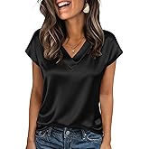 Zeagoo Women Silk Satin Tops Cap Short Sleeve Blouse V Neck Shirts Business Casual Outfits S-2XL