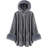 Dahlia Women’s Winter Cape Coat, Luxurious Faux Fur Trim, Fleece Lined Hooded Cloak Style Elegant Poncho Cape