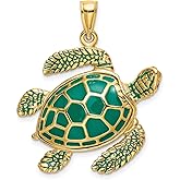 14k Yellow Gold Sea Turtle Pendant with Green Enamel Accents, Nautical Animal Jewelry for Women or Unisex Wear, Symbolic Ocean Charm Necklace Representing Longevity, Protection, and Tranquility
