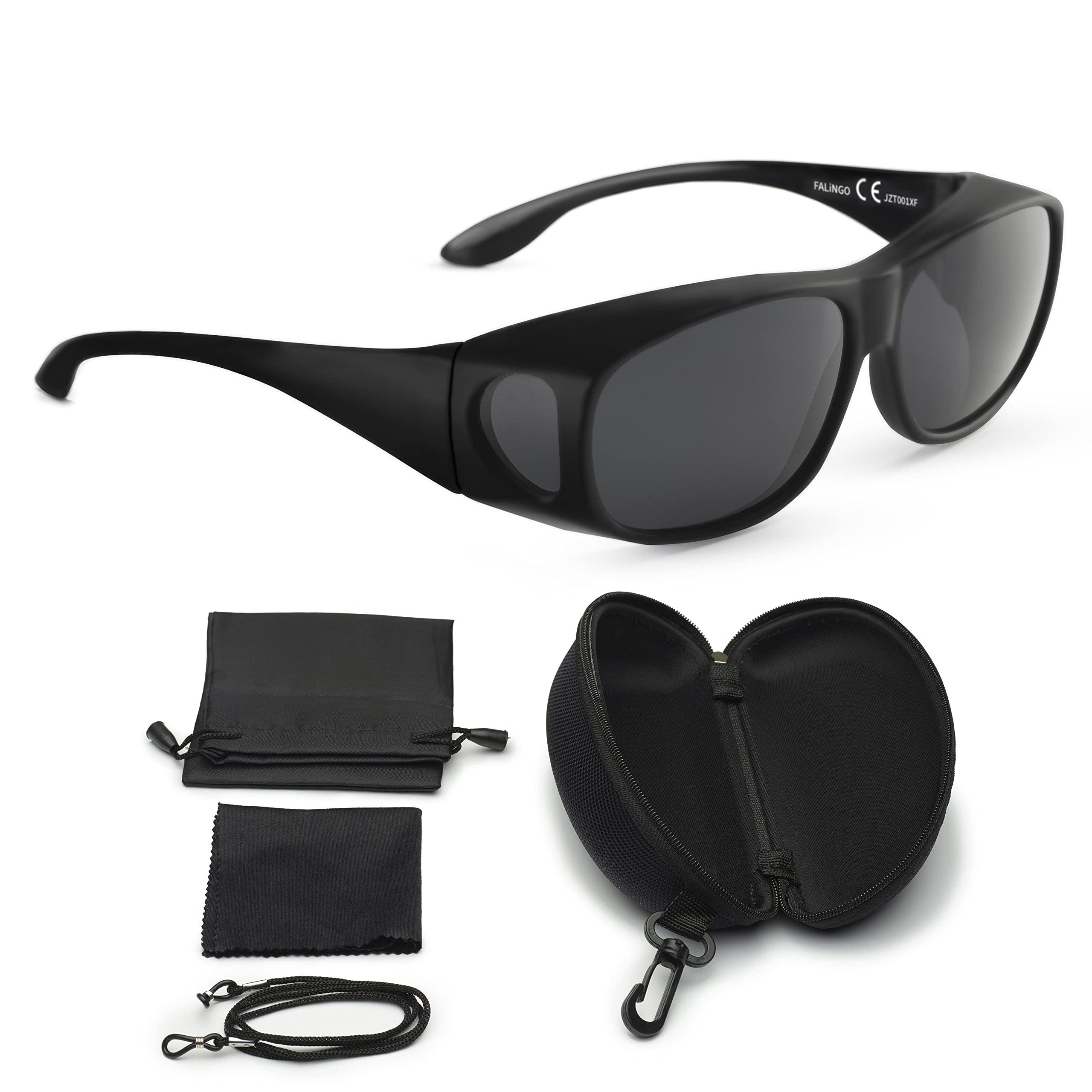 FALINGO Over Glasses Sunglasses Fit Over Sunglasses CLASSIC EDITION Polarised UV 400 (Matt Black, Grey)