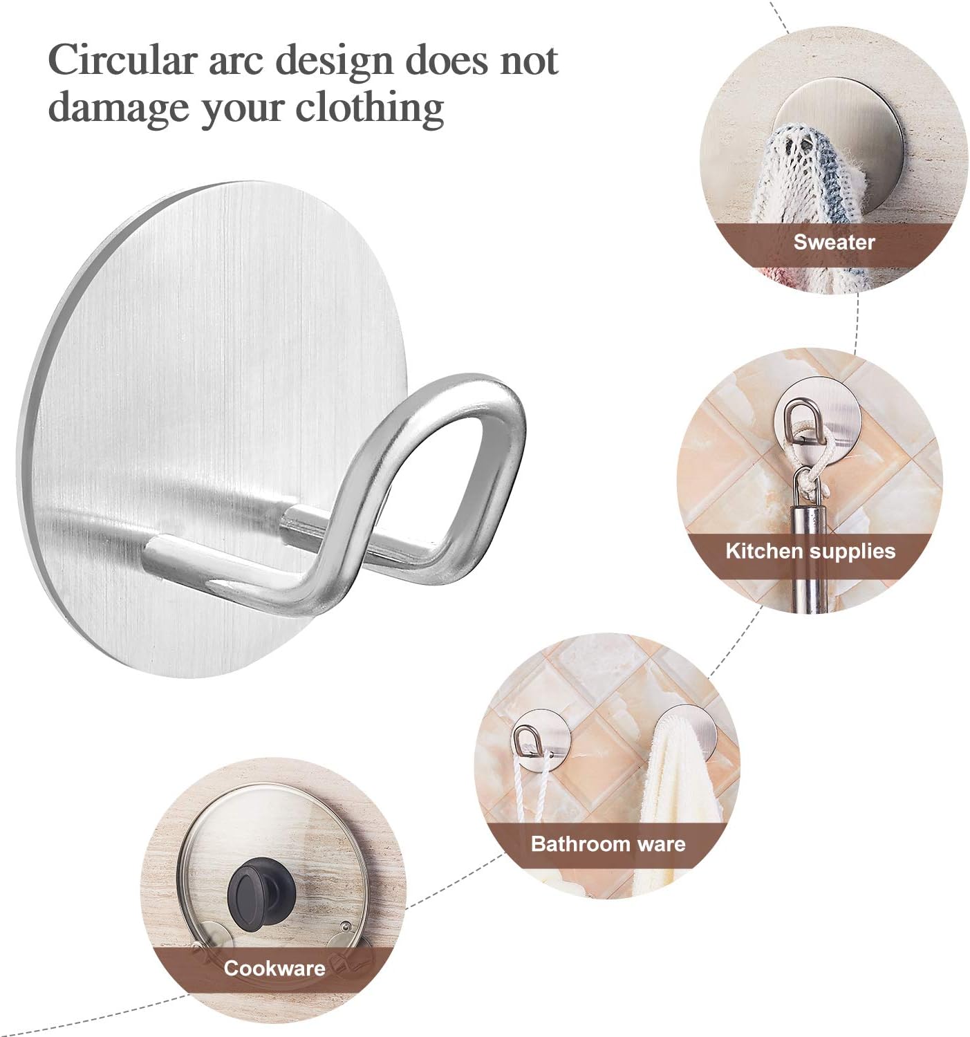 JS Adhesive Hooks Stainless Steel Wall Hooks Hangers Stick on Towel Holder Heavy Duty Wall Hangers Hooks for Hanging Coat Hat,Towel Robe Hook Rack Wall Mount- Bathroom and Bedroom 4-Packs - Image 4