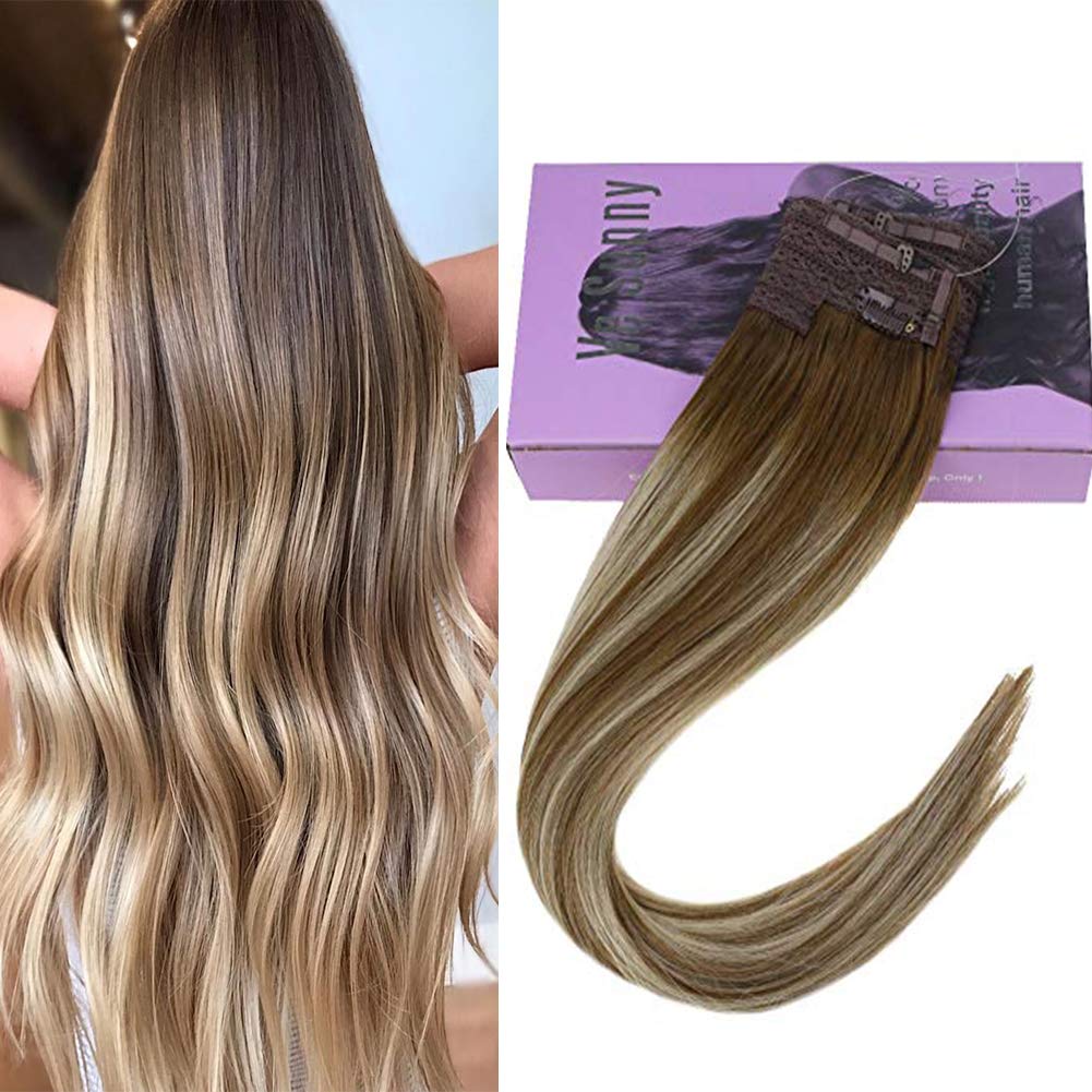 Vesunny 12inch Blonde Highlights Remy Hidden Crown Halo Hair Extensions Human Hair Balayage Color 6 Brown Fading To 60 Platinum Blonde Highlighted