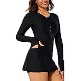 Cagola Long Sleeve Swimsuits for Women Rash Guard Swim Dress Modest Bathing Suit Swim Romper with Built in Bra and Pockets