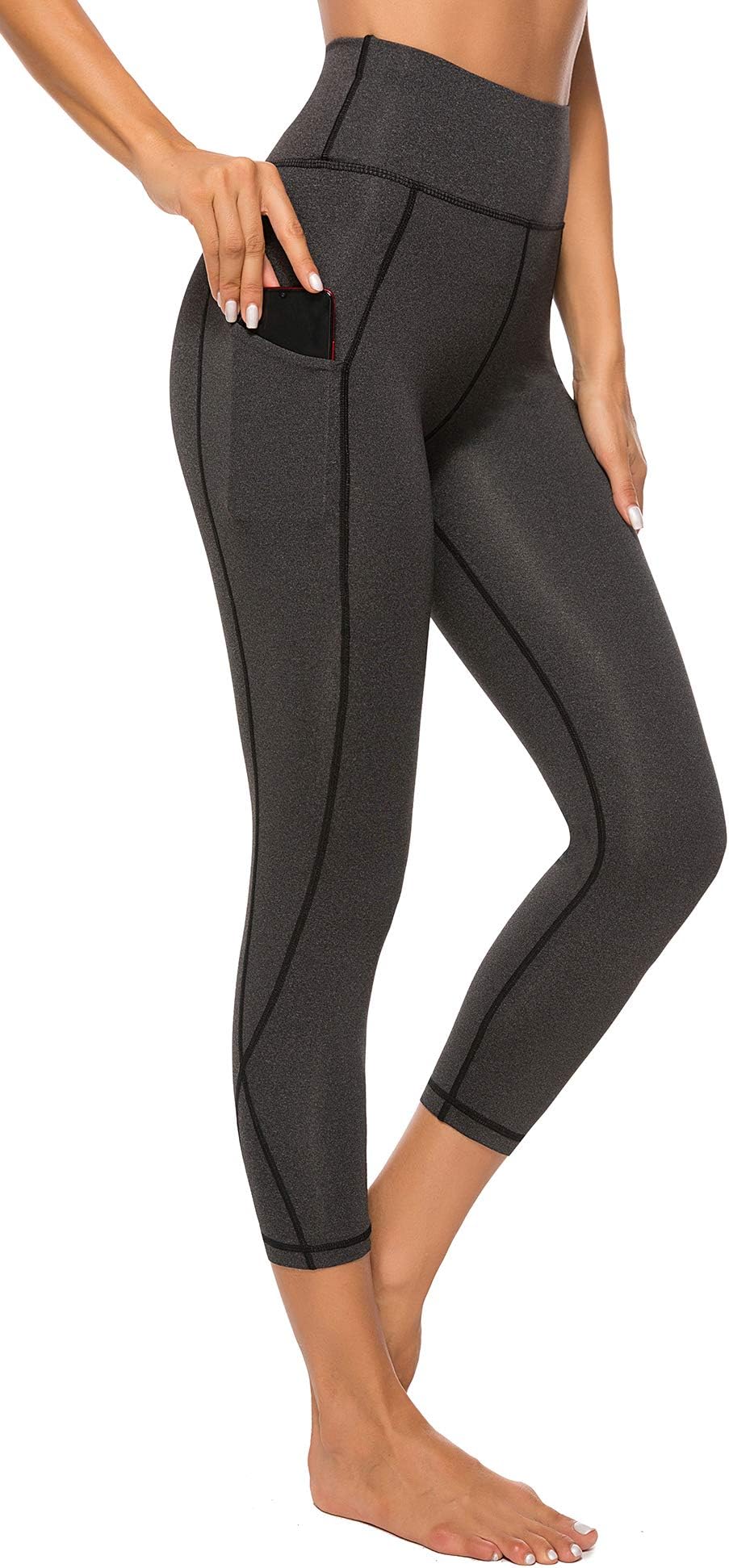 AUU High Waist Yoga Capris Workout Running Cropped Leggings Out Pocket 4 Way Stretch Yoga Pants