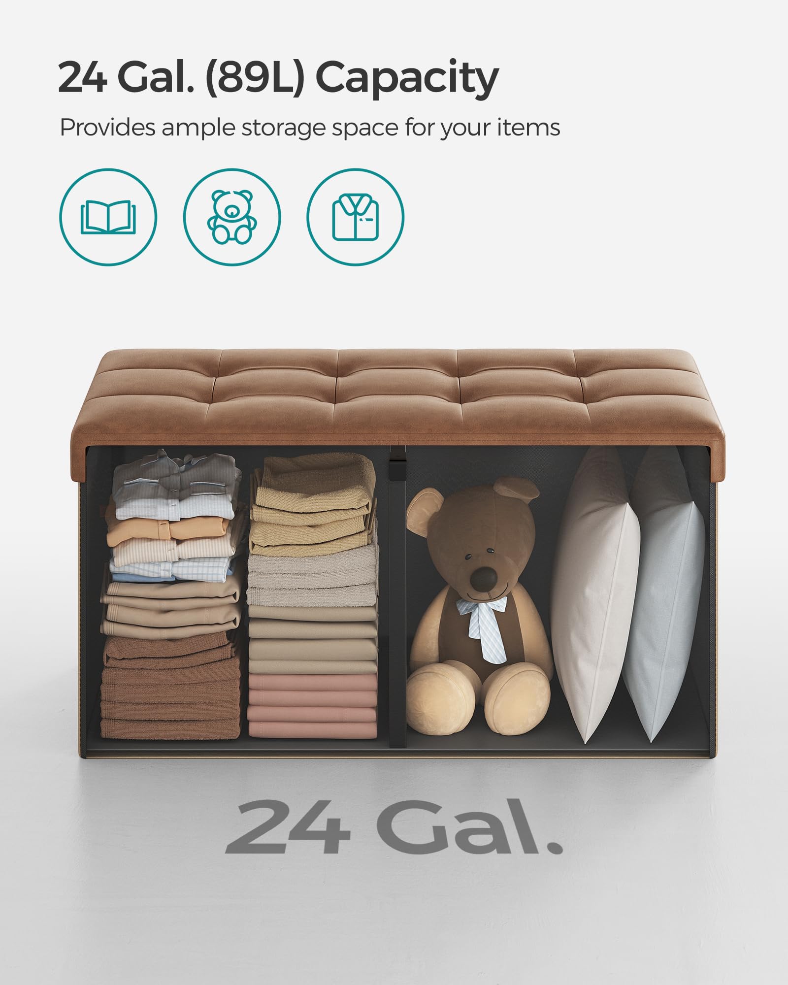 SONGMICS MAZIE Collection - 30 Inches Storage Ottoman Bench with Flipping Lid, Storage Chest Footstool, Load 660 lb, for Entryway, Living Room, Bedroom, Synthetic Leather, Coffee Brown ULSF045K01