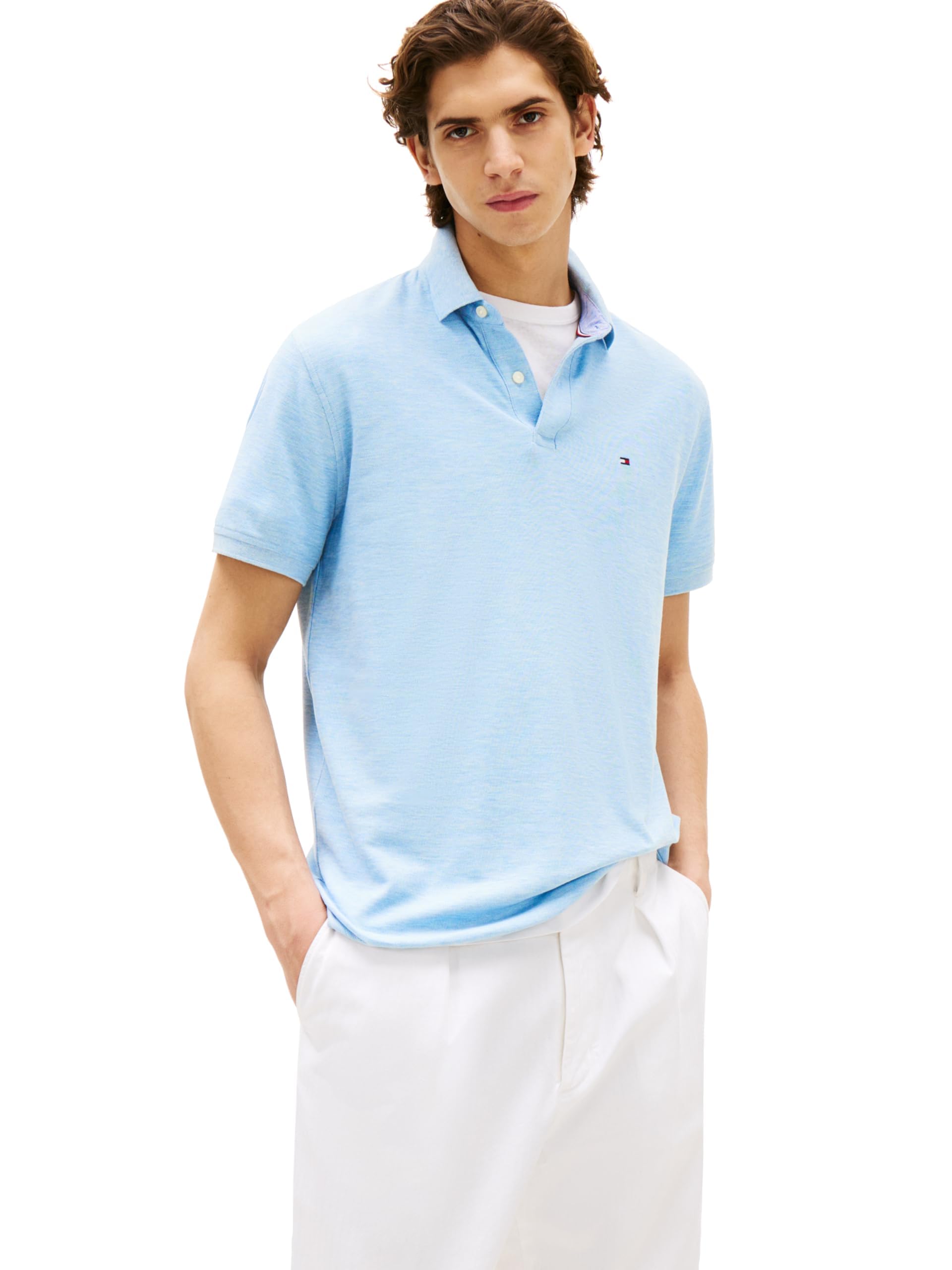 Tommy Hilfiger Mens Short Sleeve Moisture Wicking Stretch with Quick Dry + Uv Protection Polo Shirt, Light Blue Heather, Small US Image