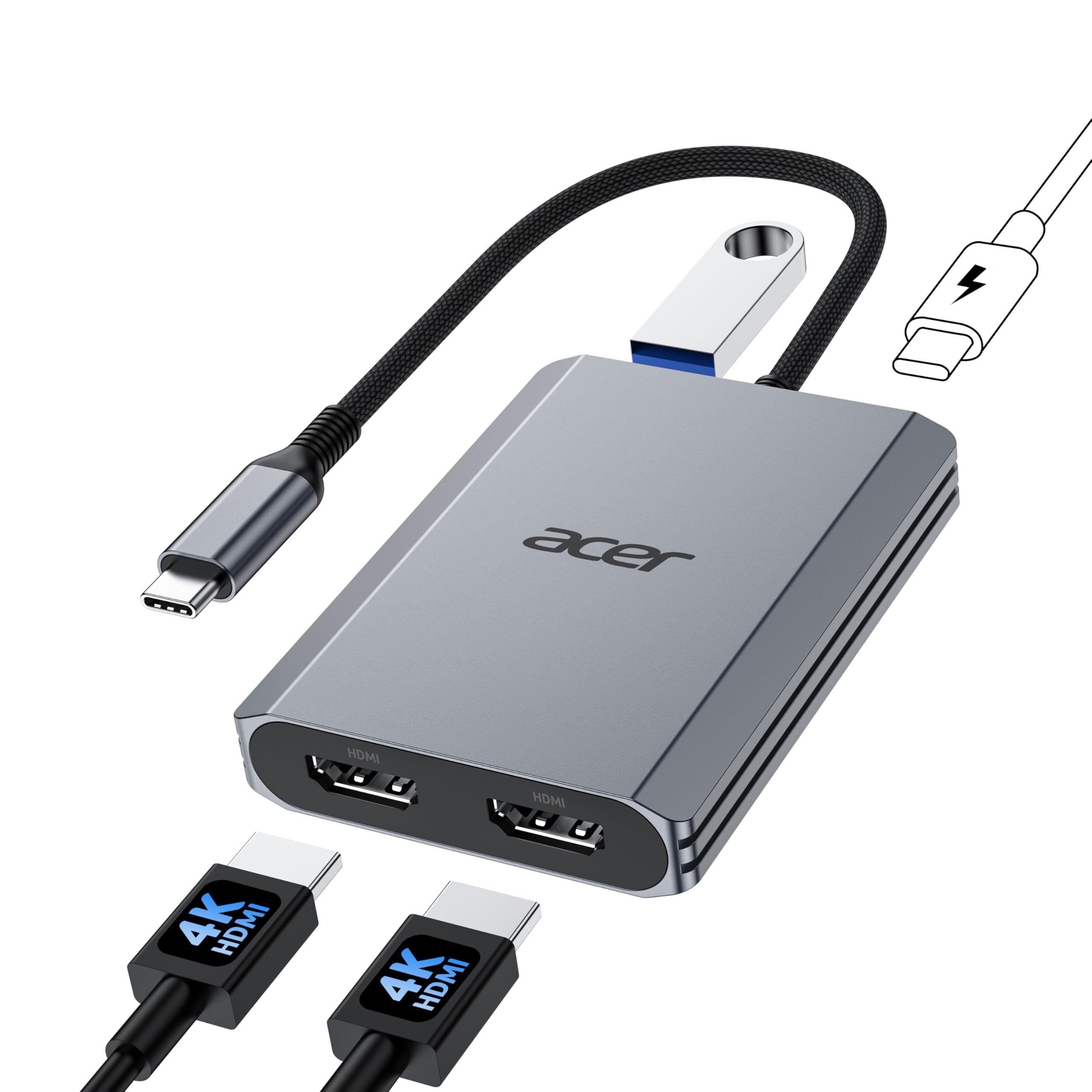 Photo 1 of Acer USB C to Dual HDMI Adapter 4K@60Hz, 4-in-1 USB C Hub Multiport Adapter with 100W PD, USB 3.0, Docking Station Dual Monitor, Compatible with Acer, MacBook Air/Pro, Dell XPS, HP, etc