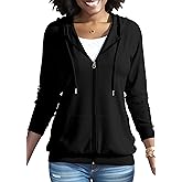 HTD Women Casual Full Zip Up Hoodie Basic Lightweight Long Sleeve Sweatshirt Solid Color Jacket With Pockets