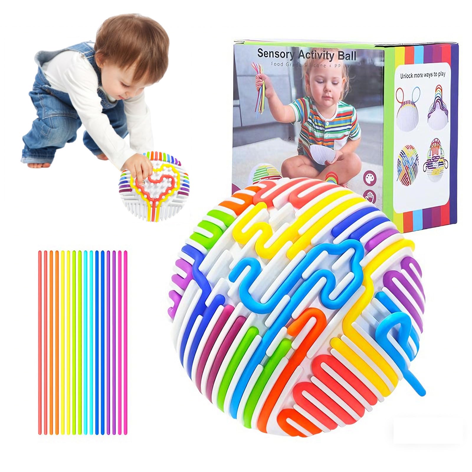 Sensory Toys Ball with 16 Colorful Silicone Sticks Strings,Sensory Activity Ball for Stress Relief Anxiety for Home School Travel Stress Balls