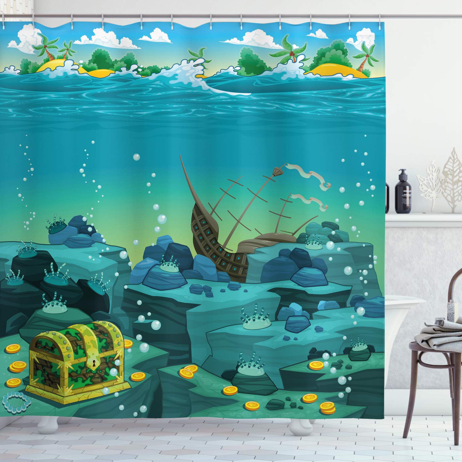 ABAKUHAUS Cartoon Shower Curtain, Seascape Underwater Treasure Galleon and Sunk Ship Pirate Print, Cloth Fabric Bathroom Decor Set with Hooks, 78" Inches, Teal and Yellow