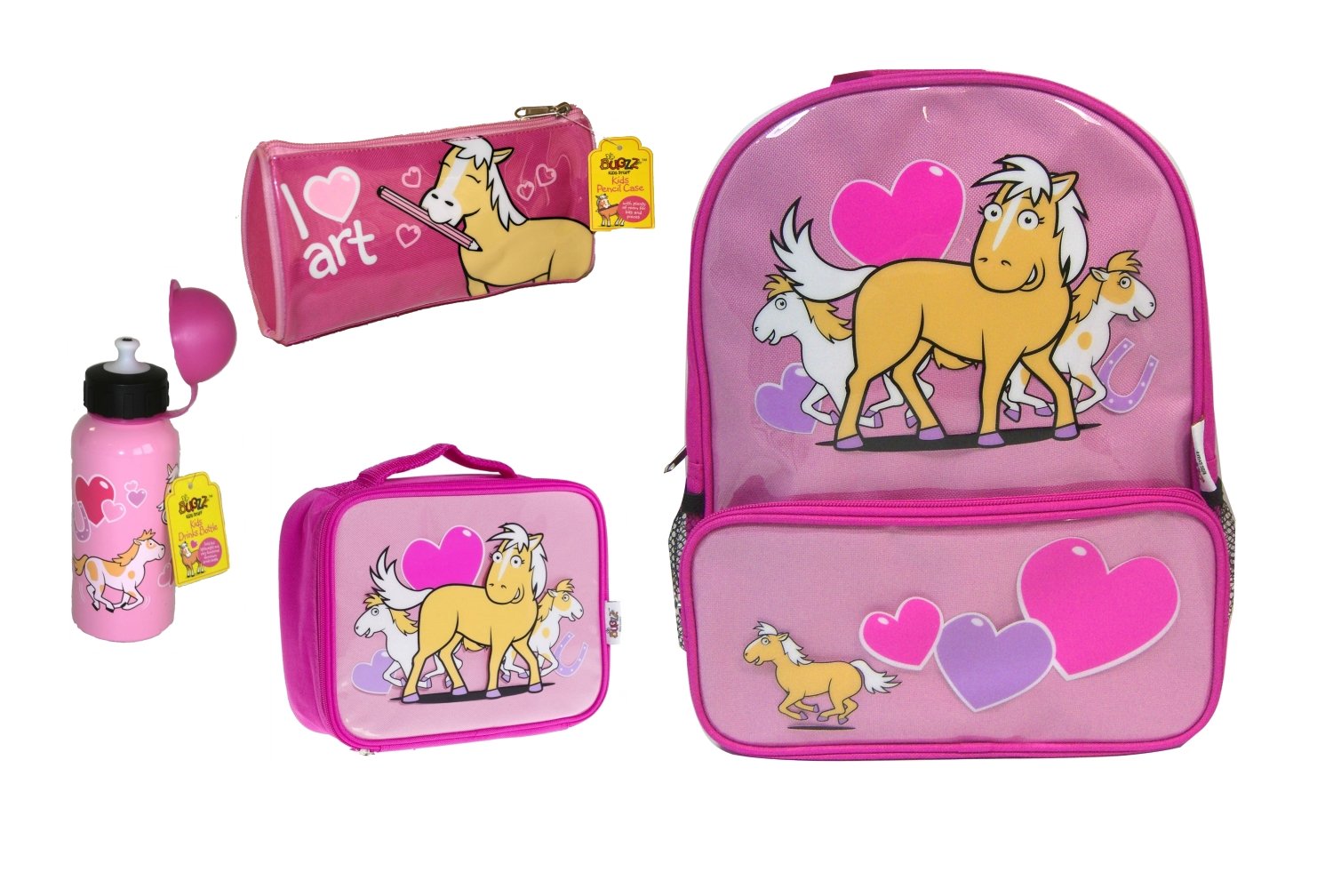 Bugzz Kids Stuff Children's School Bag Set Backpack, Pencil Case, Lunch Bag and Drinks Bottle (Pony)