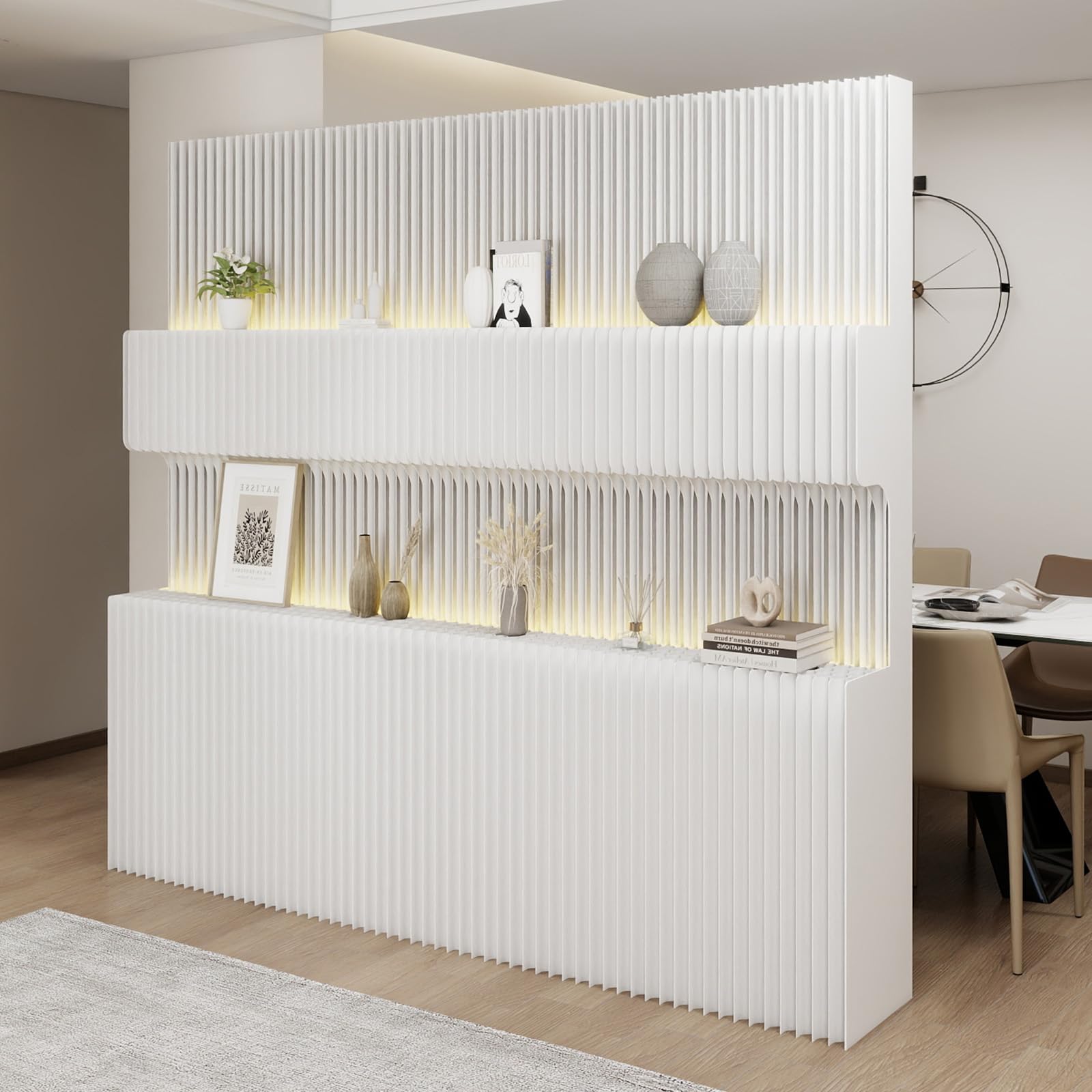 Photo 1 of 6.9FT Paper Room Divider with LED Light, Folding Privacy Screens with Storage Shelf,Portable Partition Wall for Exhibitions, Salons,Home Office Entrances,Retail Displays-L98.4’’*W13.8’’ *H82.6’’