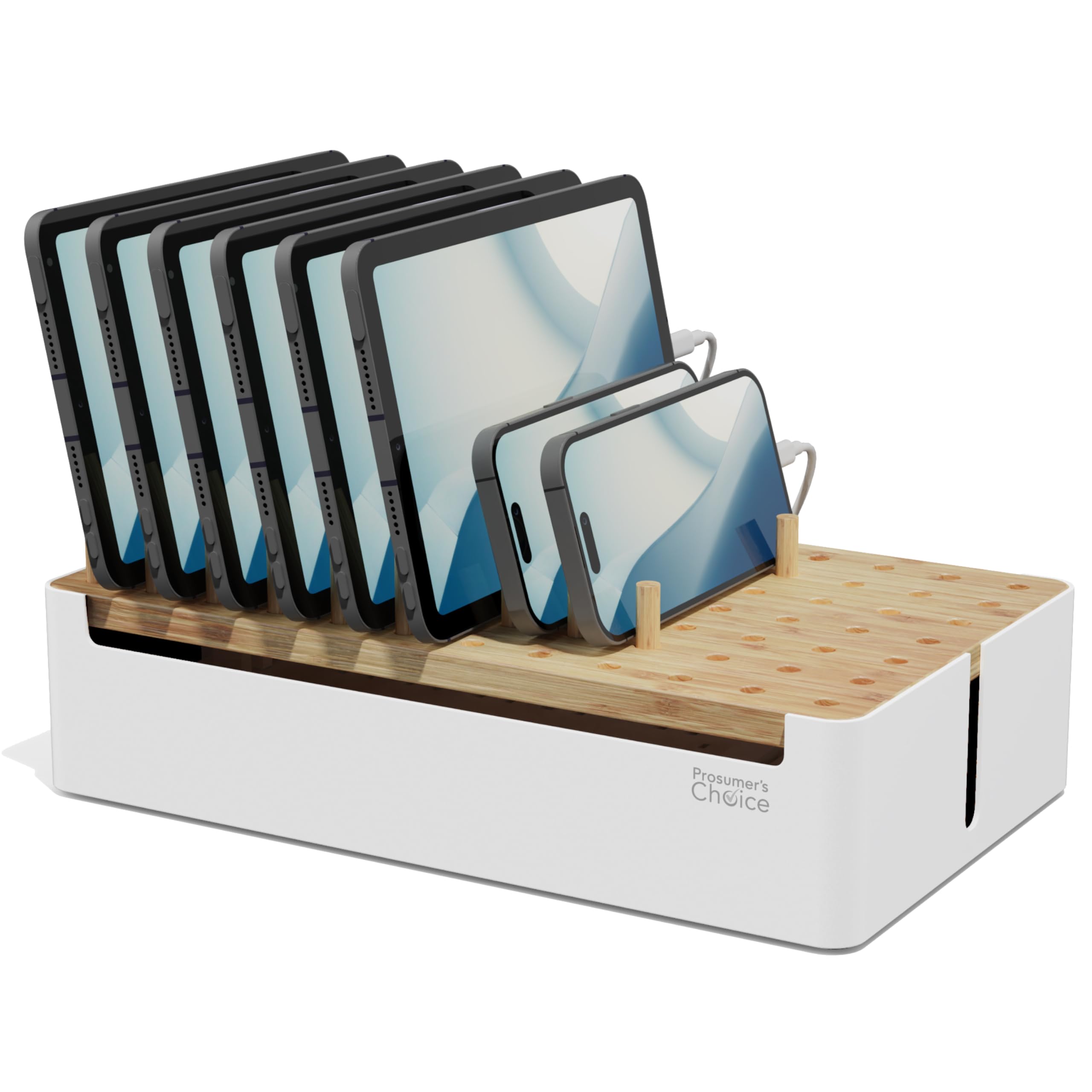 Photo 1 of Prosumers Choice Bamboo Charging Station for Multiple Devices - Wooden Charger Organizer with Removable Dividers for Phones, Tablets, and Laptops - 11 Inch Cable Organizer Box - Space-Saving Desk Dock