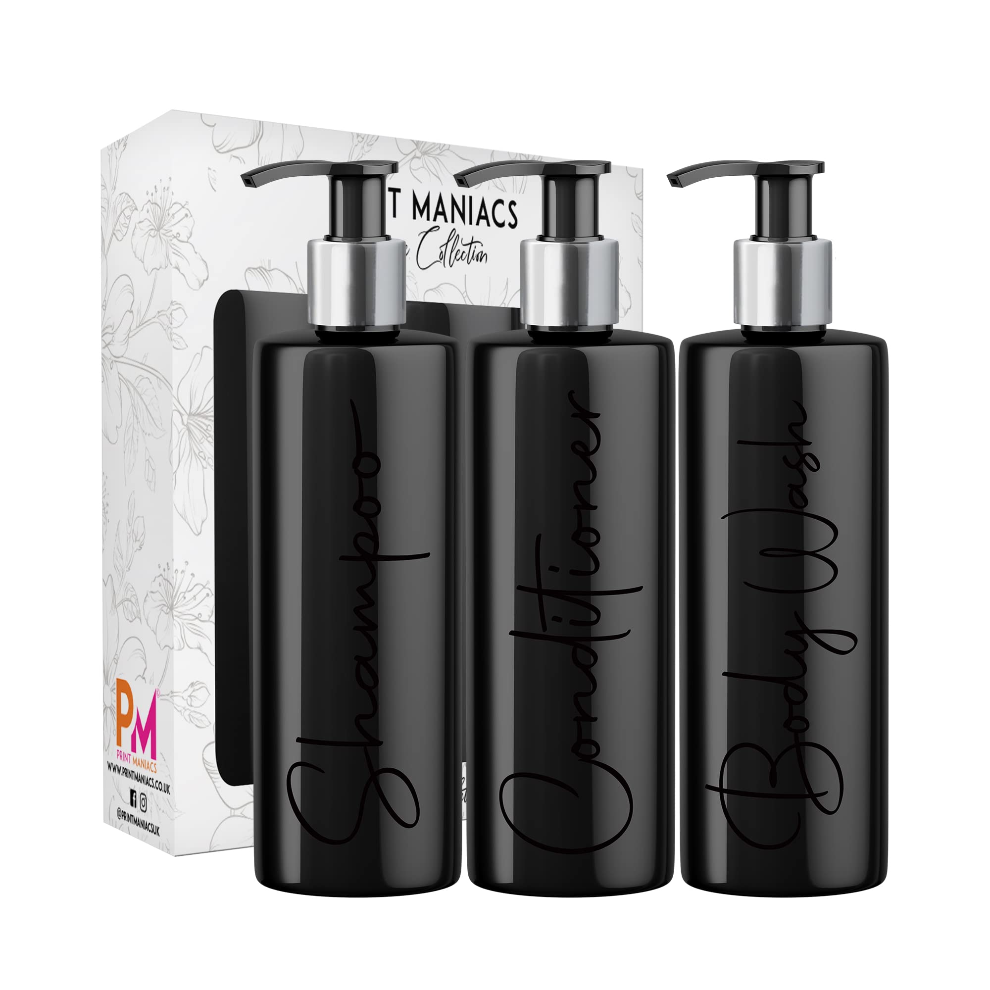 Print Maniacs Mrs Hinch Inspired Black Personalised Dispenser Silver Pump Bottles Set 3 (BLACK,F2)