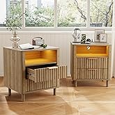CozyMine Fluted Nightstand Set of 2, 2 Drawers Storage Bedside Table with Charging Station, Wood Modern Nightstand with Open Shelf, Curved Profile Design, End Table for Indoor Room Bedroom, Oak