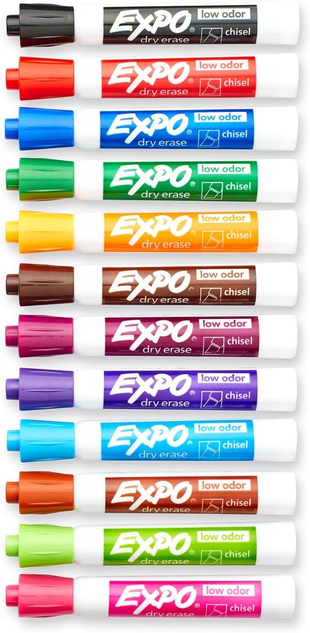 EXPO Low Odor Dry Erase Markers, Chisel Tip, Assorted Colors, 12 Count : Office Products