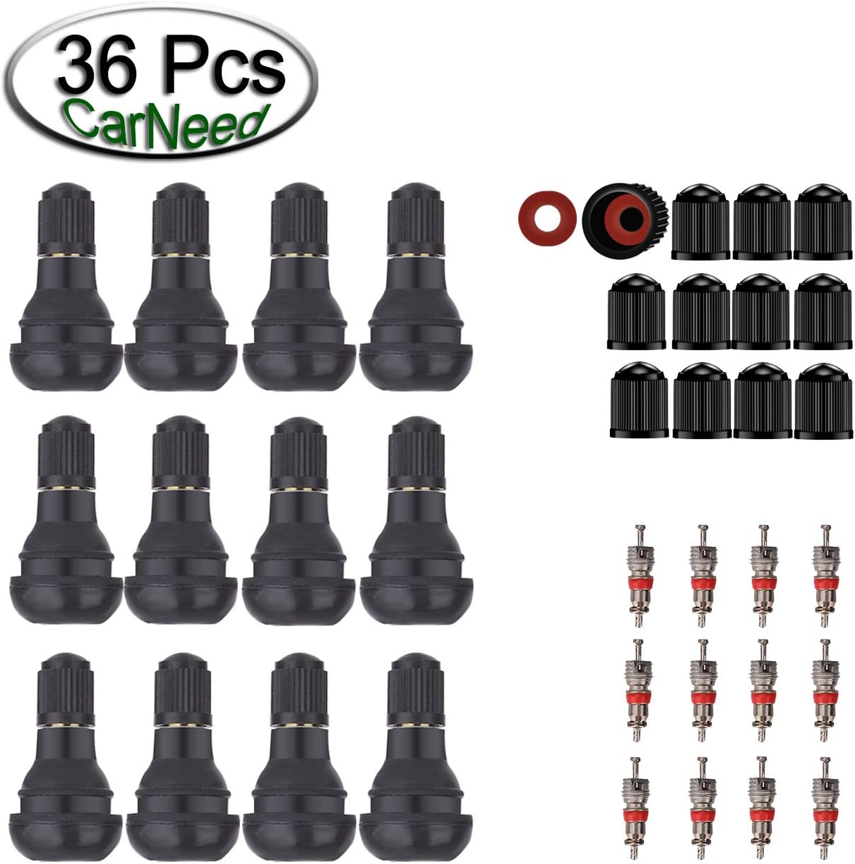 CarNeed 12 Pcs TR412 Snap-in Valve Stems with 12 Pcs Built-in Stem Cores, Black 0.453" Flange Hole Rubber Stem for Tubeless Tires and 12 Pcs Universal Tire Valve Caps (36 Pcs)
