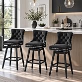 Fahomiss Black Swivel Bar Stools, Velvet Counter Height Bar Stools Set of 3 | 360&deg; Swivel Bar Chairs, Solid Wood Legs, Upholstered Kitchen Island Stools, Modern Extra Wide Seat (Black, 26" H, 3 Pack)