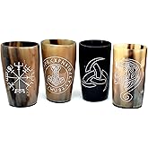 Viking Drinking Horn Tumblers Set of 4 Handmade Cups for Wine Beer Ale - Safe and Unique Drink Cup. Norse Drinking Beer Mug with 8-10oz Capacity Best Choice of Theme Party Real Ox Horn