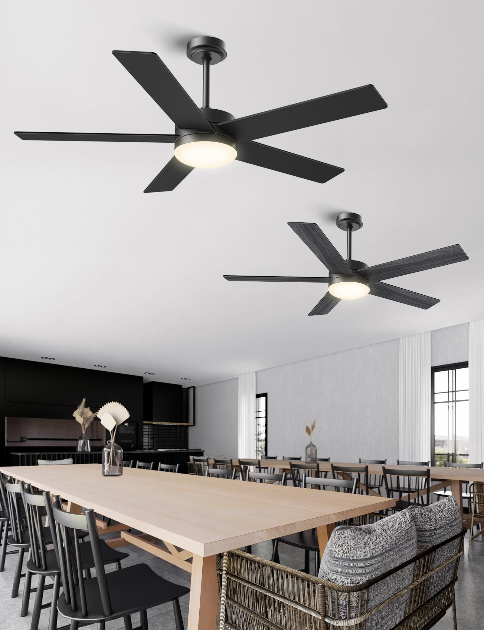 Ceiling Fans with Lights and Remote, 52 inch Ceiling Fans with Flush Mount, 22W 3-Color LED Light, 6 Speed Reversible, Dual Finish 5 Blades Noiseless for Patio, Living room, Indoor/Outdoor Use, Black