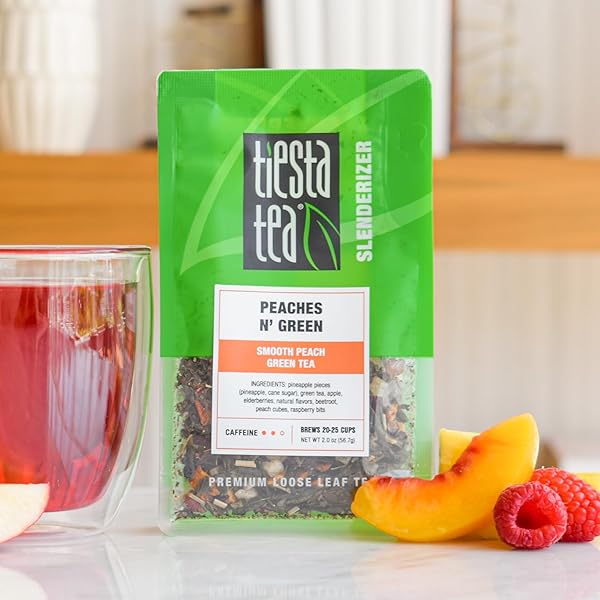 TIESTA TEA – PEACHES N’ GREEN, LOOSE LEAF, SMOOTH PEACH GREEN TEA, PREMIUM MEDIUM CAFFEINATED BLEND, MAKE HOT OR ICED, BREWS UP TO 25 CUPS, 2.0 OUNCE RESEALABLE POUCH