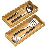 VeyFey Bamboo Drawer Organizer, Stackable Utensil Organizer for Kitchen, Bamboo Storage Box Wood Silverware Tray for Drawer 15" x 6" x 2" Set of 2