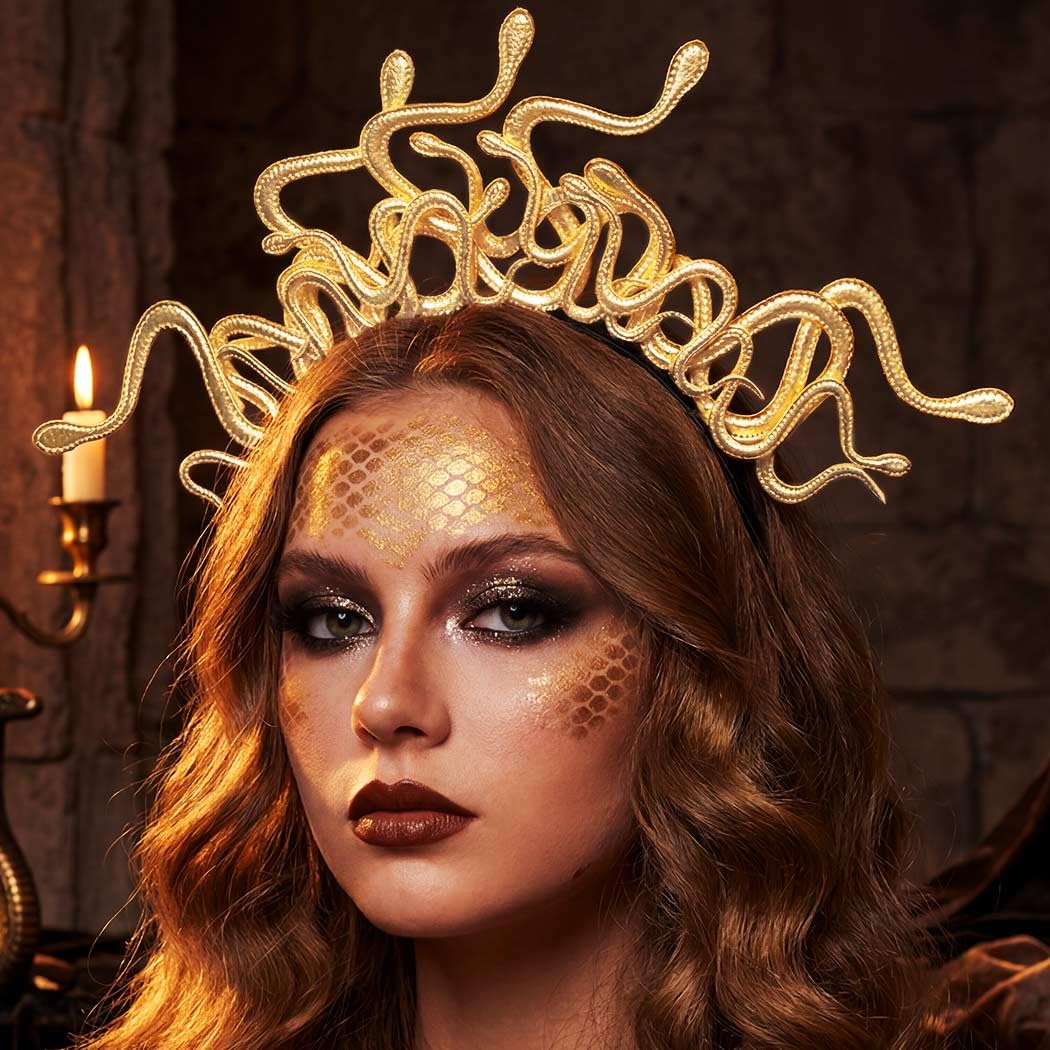 Zoestar Medusa Snake Headband Greek Goddess Headbands Halloween Costume Headpiece Carnival Hair Accessories for Women (Gold)