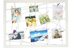 NIANWUDU MODERNX DESIGNS Wooden Picture Frame with Clips - 25.4"x18.5" Hanging Photo Display Board, White Picture Holder for Wall, 10 Clothespin Picture Collage Board
